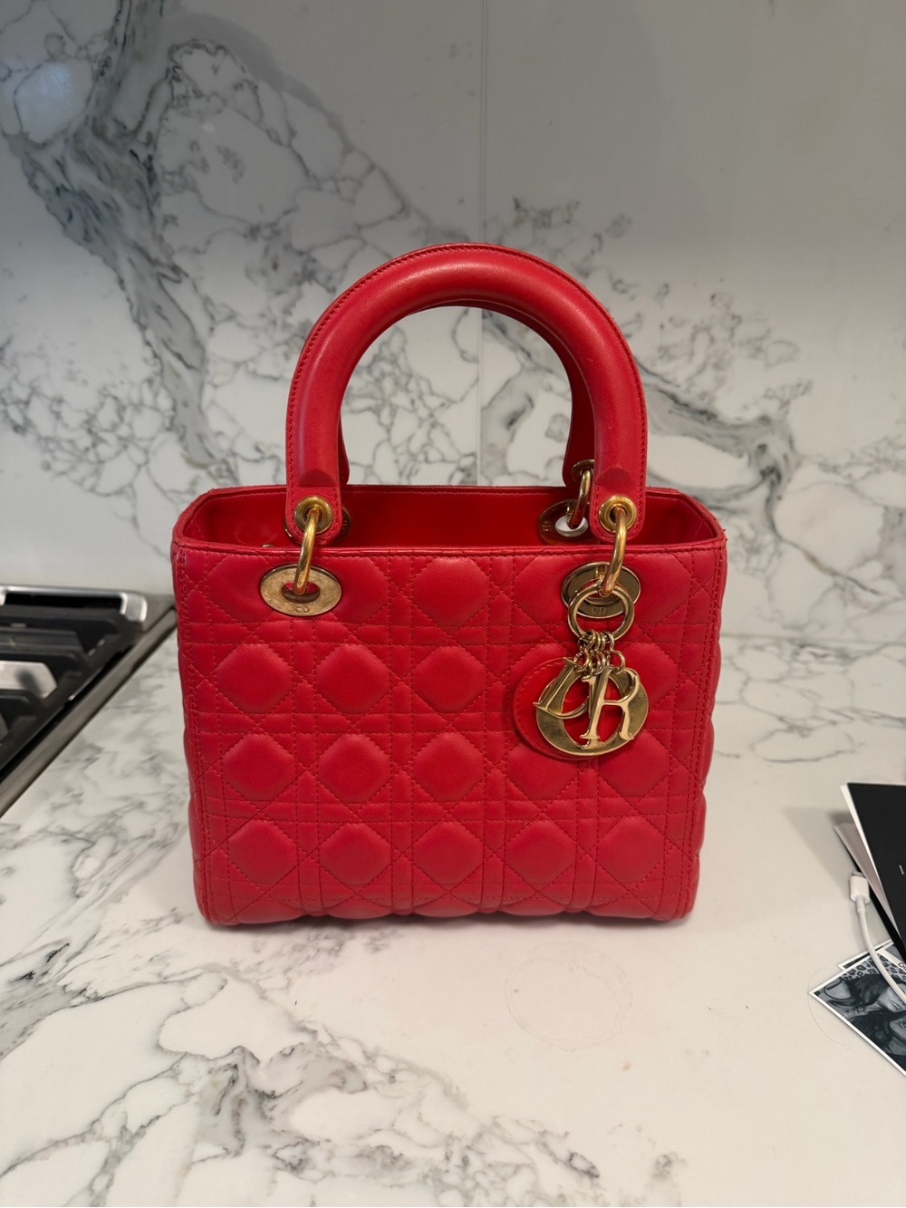 Dior Red Quilted Lady-Style Top Handle Satchel